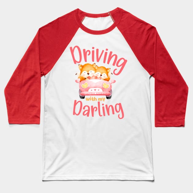 Driving with My Darling - Cute Fox Valentines Couples Pink Baseball T-Shirt by Enriched by Art